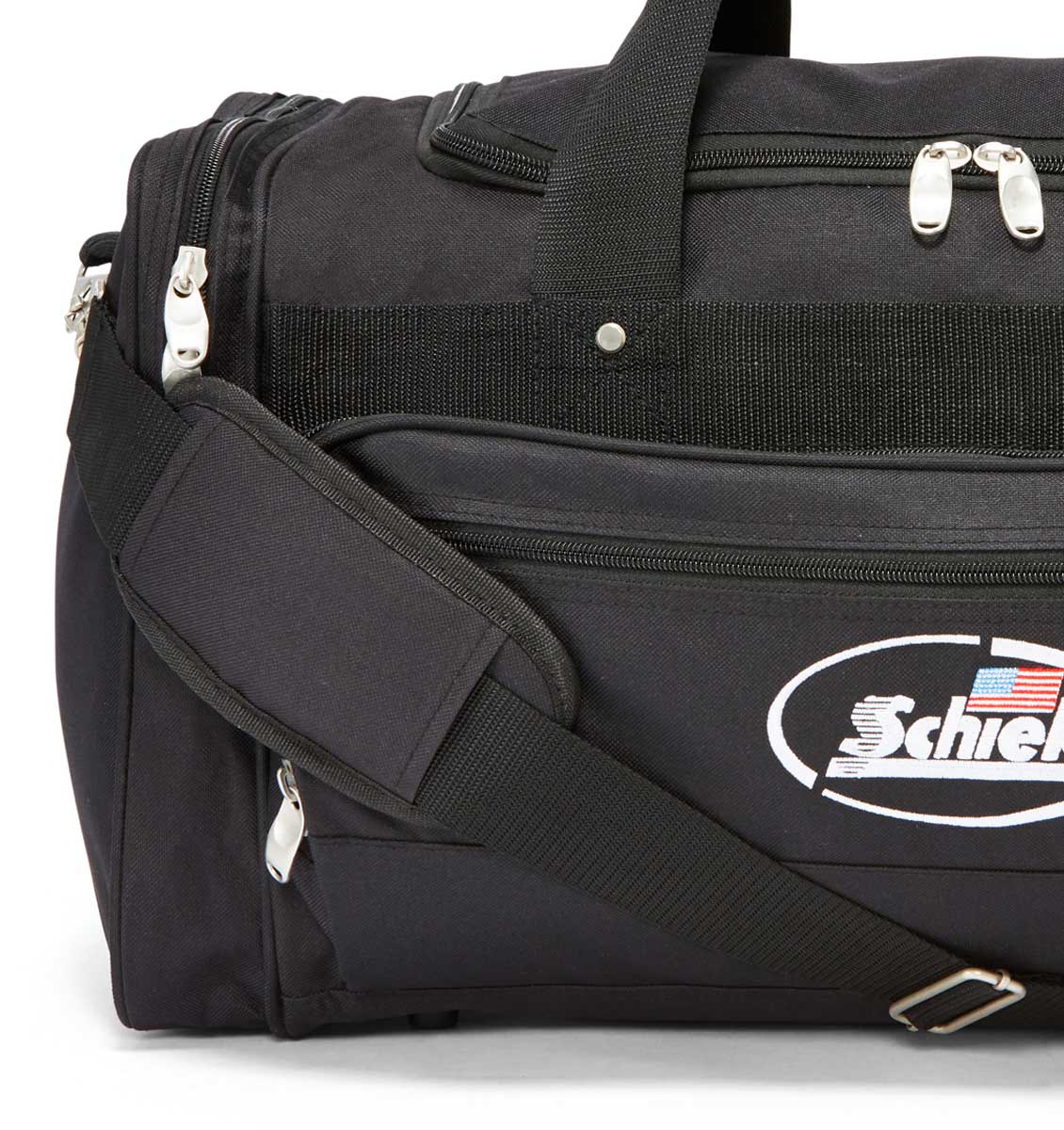 SGB22BK Schiek Gym Sports Bag Black Strap and Logo Close Up